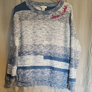 Sundance Blue & White Marled Crewneck Sweater with Pink Script